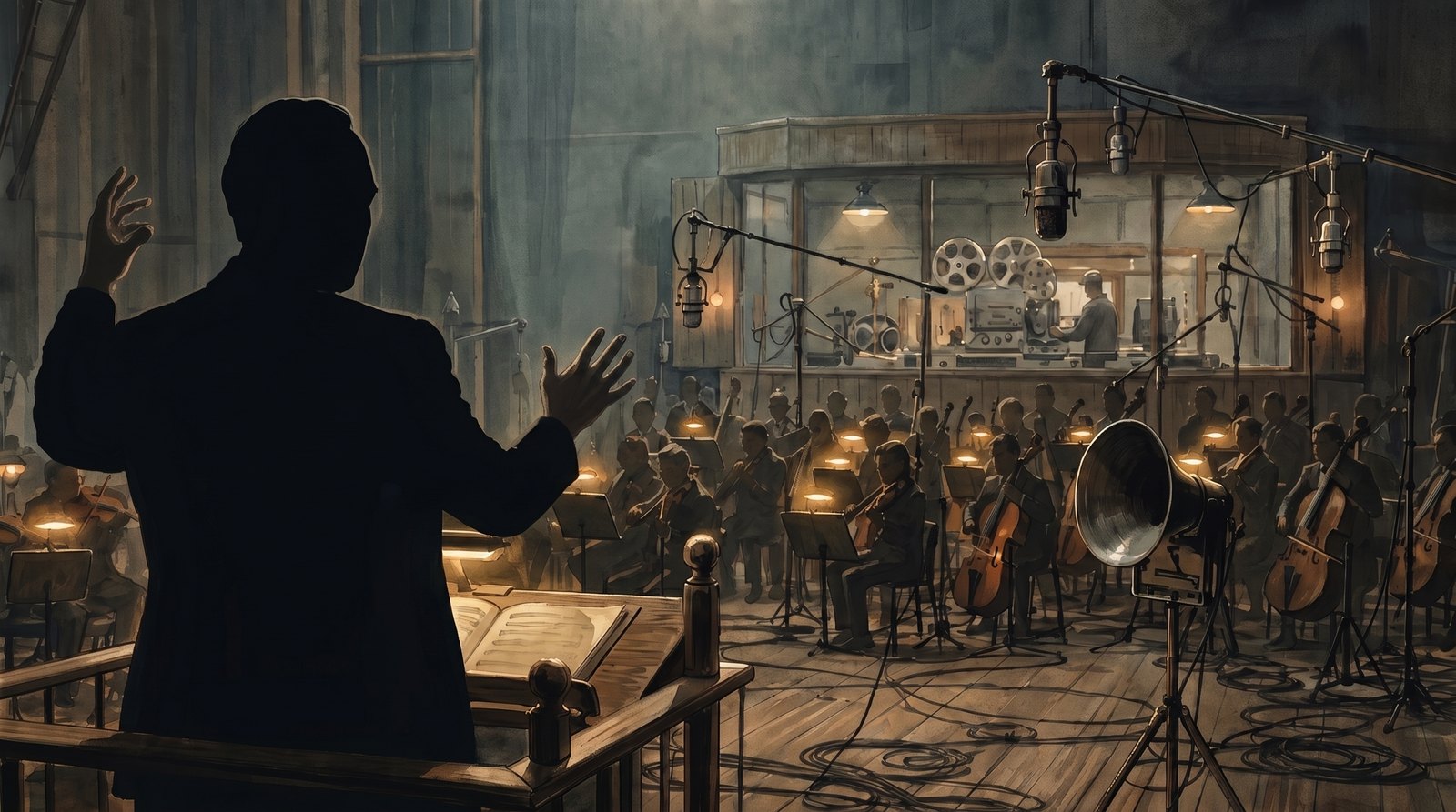 一九三九年的錄音現場：三十三支麥克風、地下室的光學錄音機，和一位從不用指揮棒的指揮。（場景示意圖）